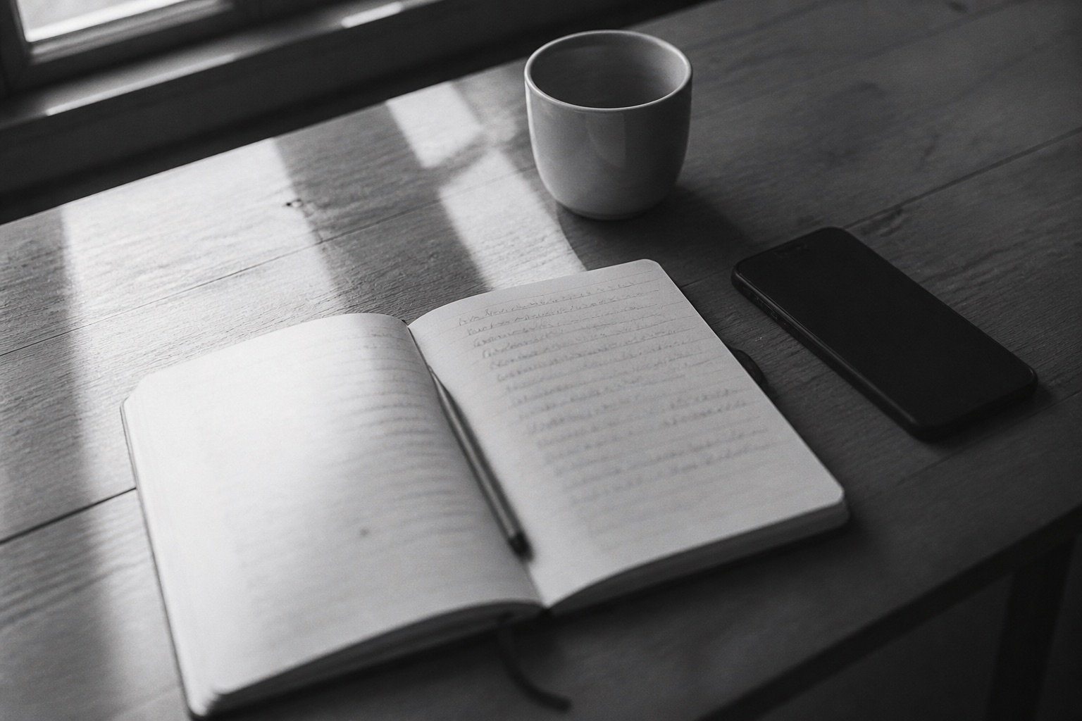 An open notebook, a cup and a phone on a desk in morning light