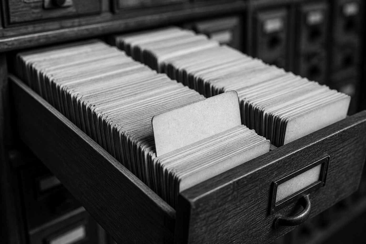 A library card catalog drawer full of index cards, one pulled forward