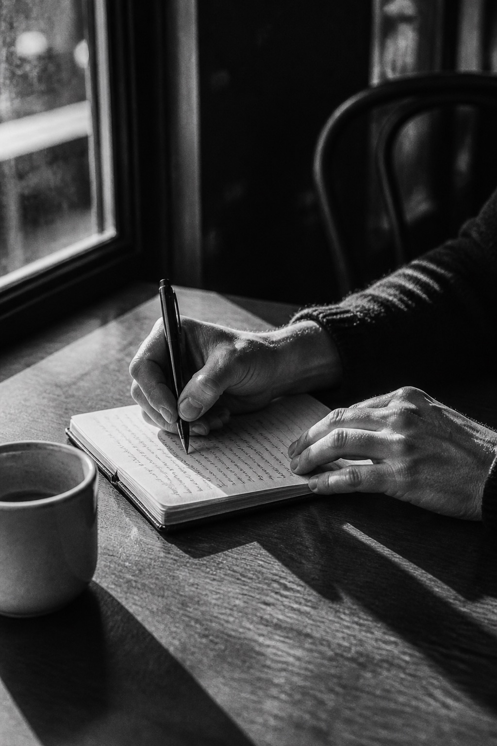 Hands writing in a small notebook at a cafe table