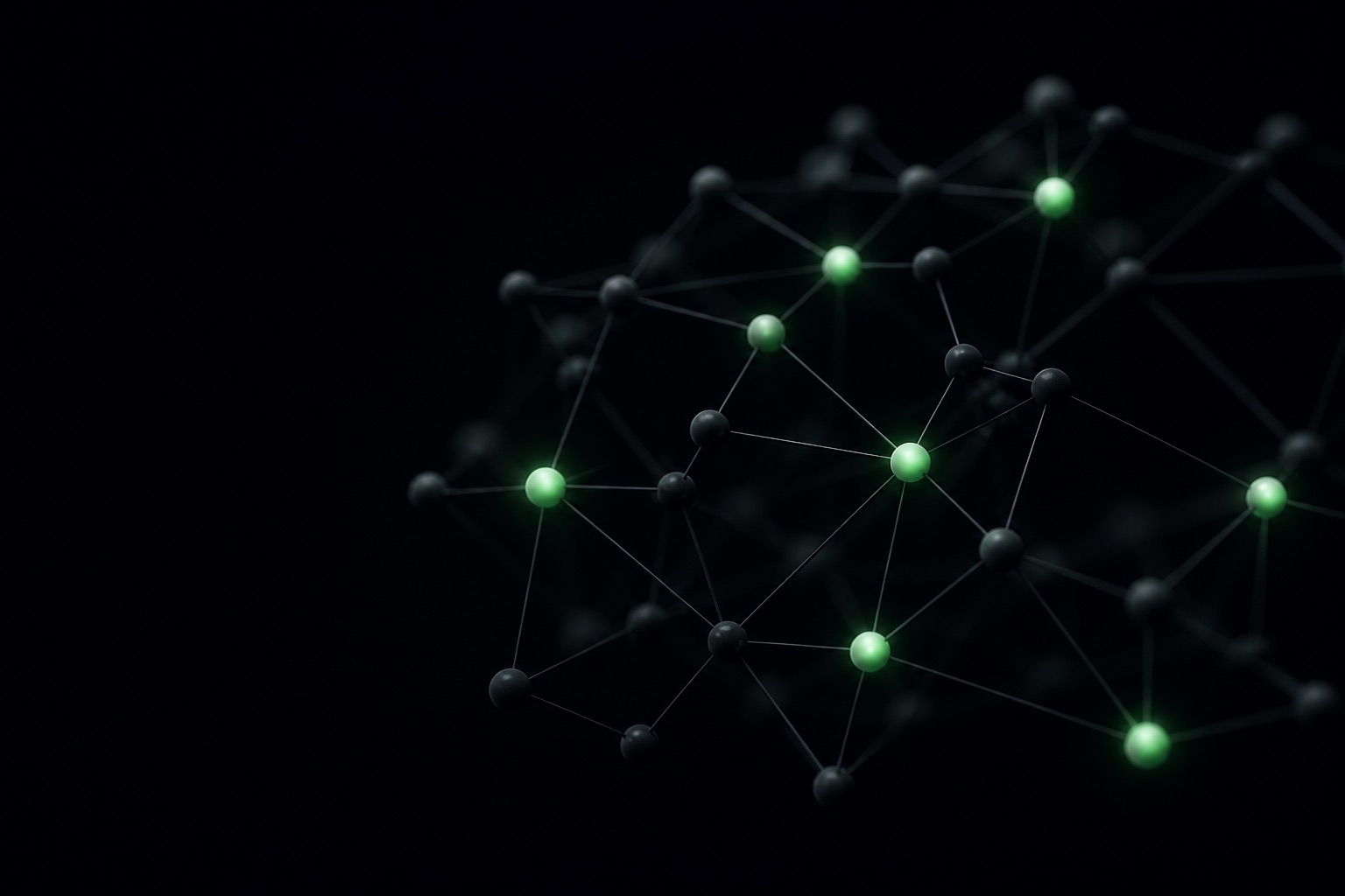 A dark knowledge graph with a few softly lit green nodes