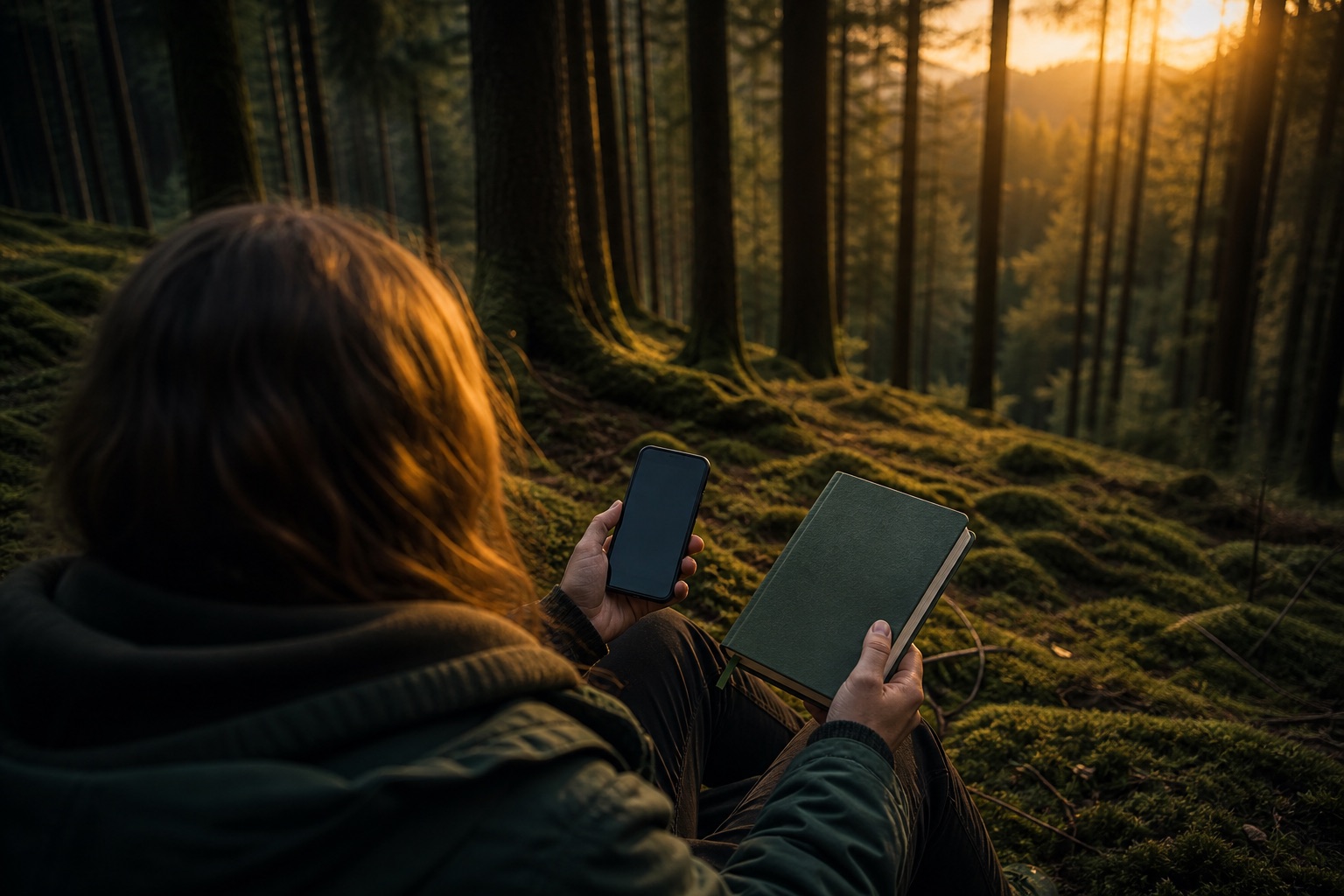 A person on a mossy forest floor at golden hour holding a phone and a notebook