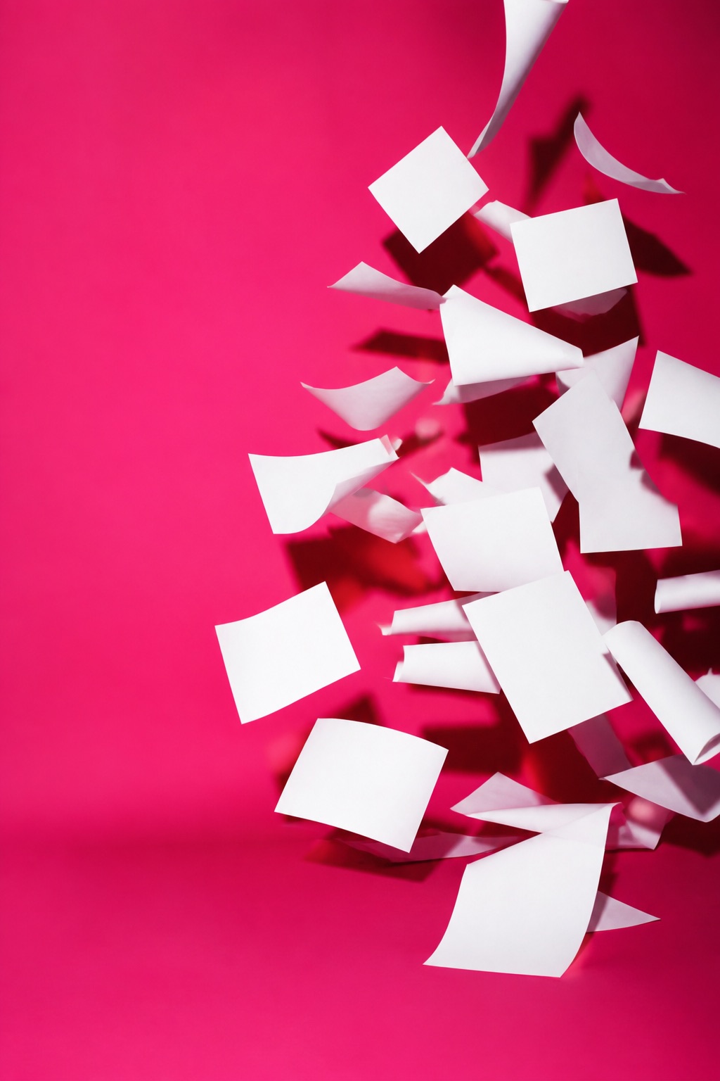 Blank paper sheets frozen mid-air against a hot pink backdrop