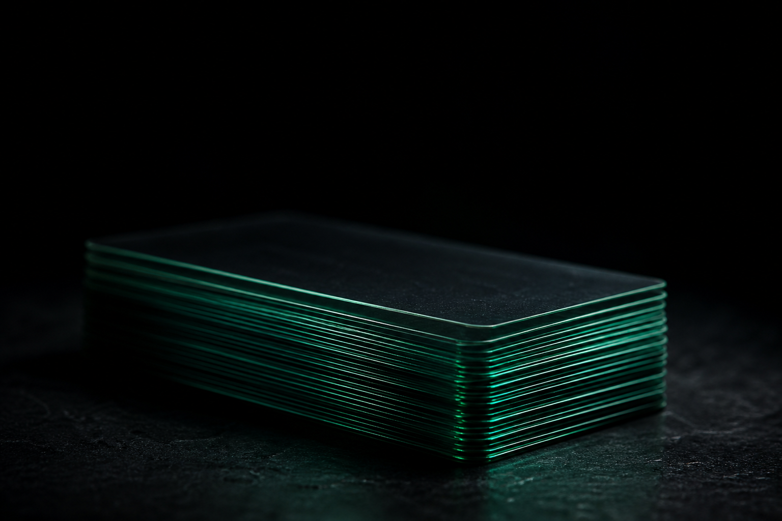 A stack of dark glass cards edge-lit in emerald