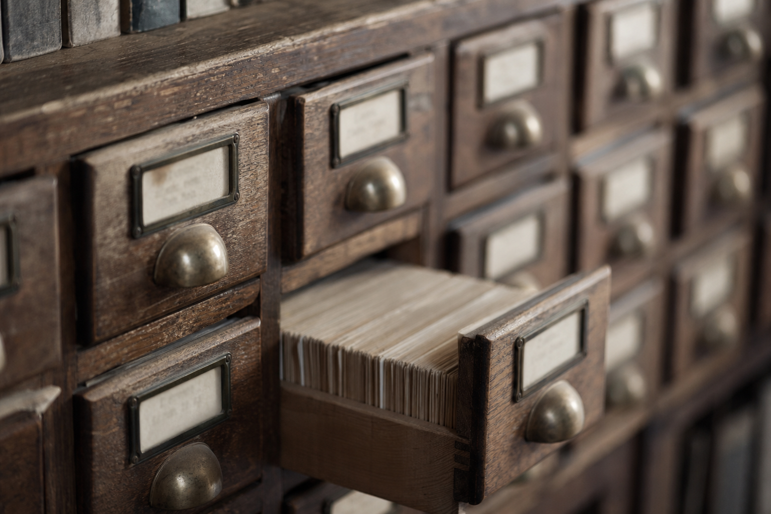 A library card catalog with one drawer pulled open