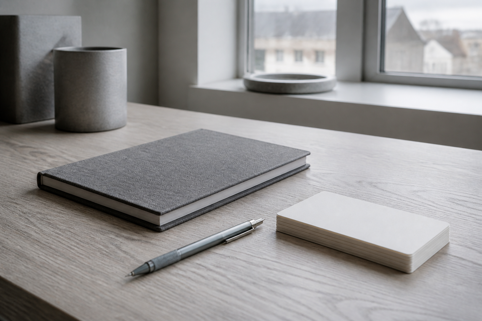 A quiet grey desk with a closed notebook and a pencil in overcast daylight