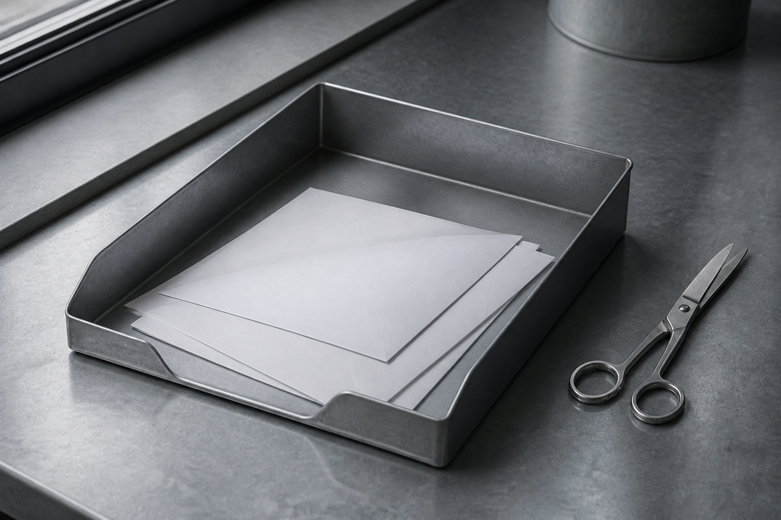 A pale metal letter tray on a zinc desk beside a window
