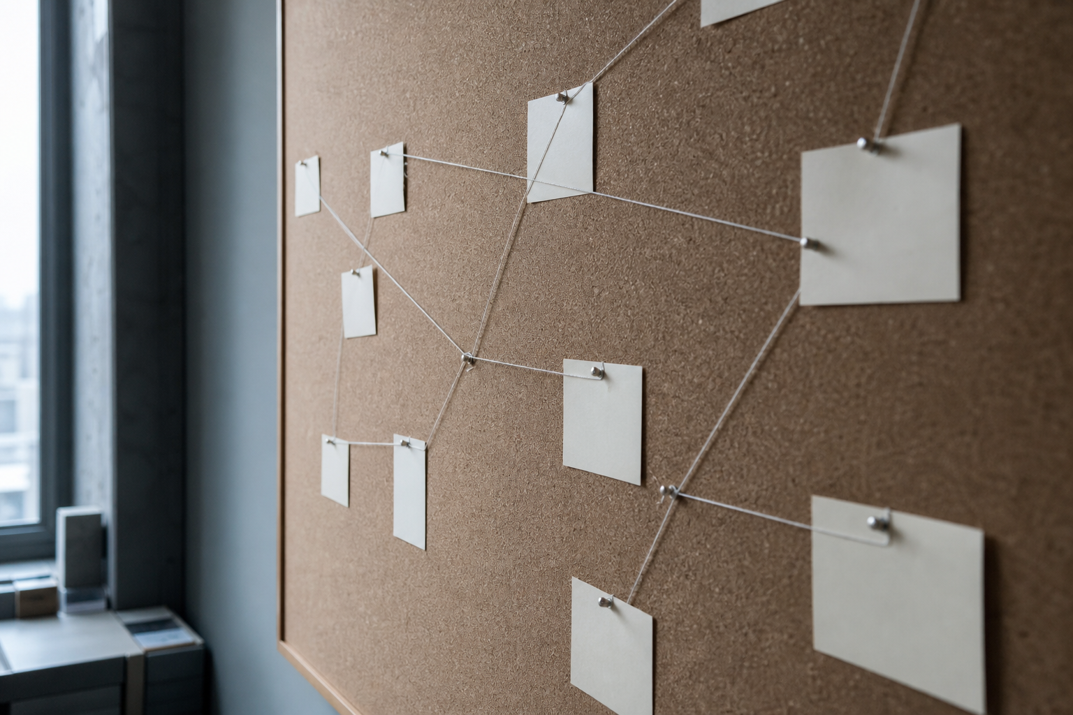 Index cards on a wall joined by pale string into a sparse network
