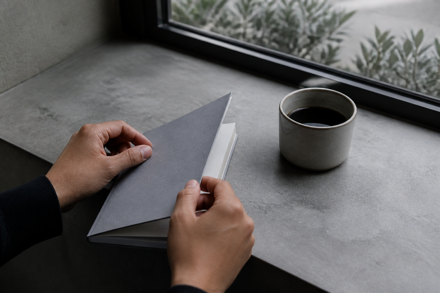 Hands opening a slim grey notebook on a stone windowsill
