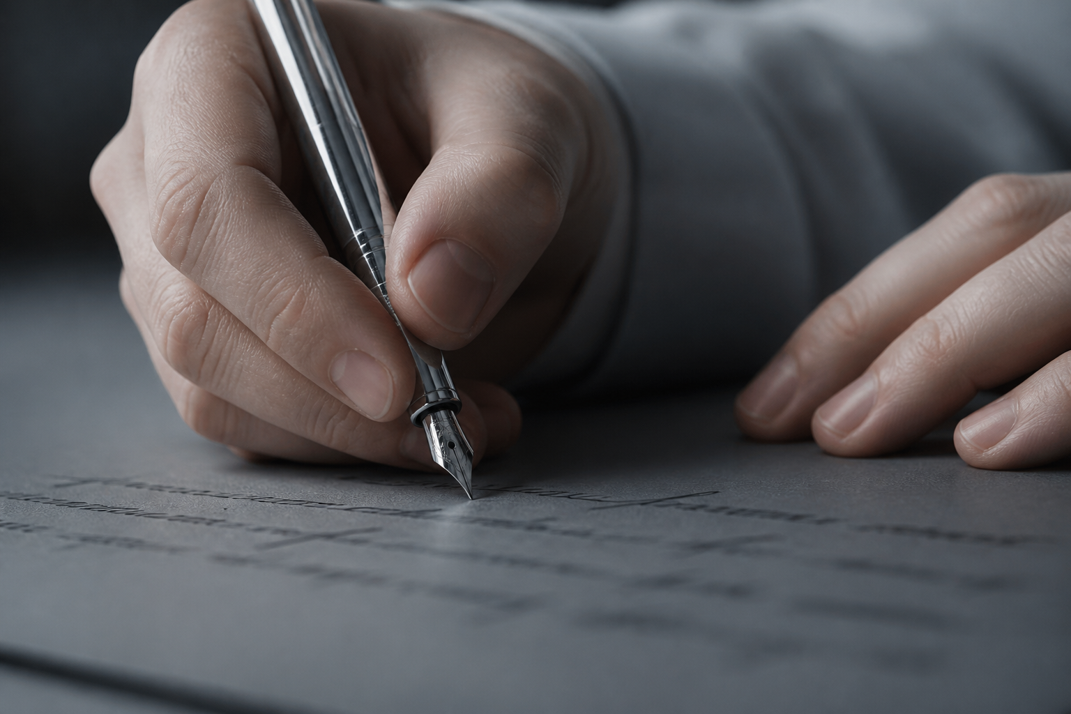 A hand writing with a chrome pen on cool grey paper
