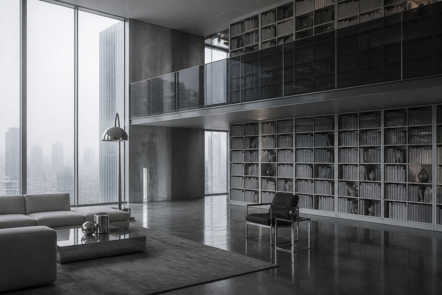 A cool grey apartment library with smoked glass and a chrome lamp