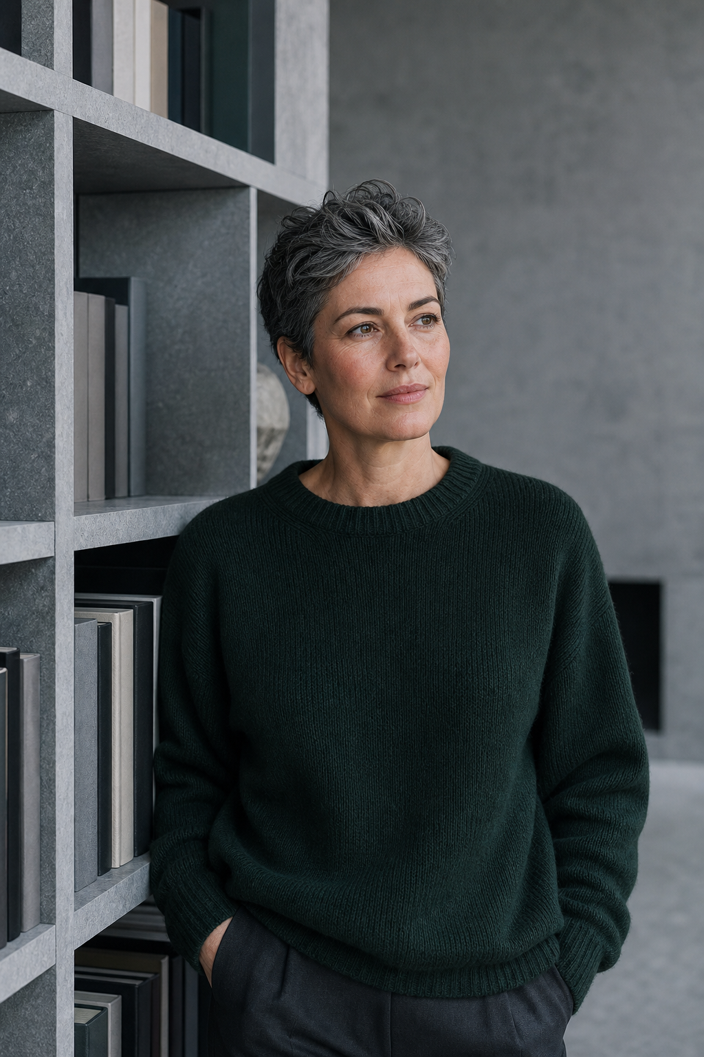 A woman in a forest-green sweater standing beside a tall stone bookshelf