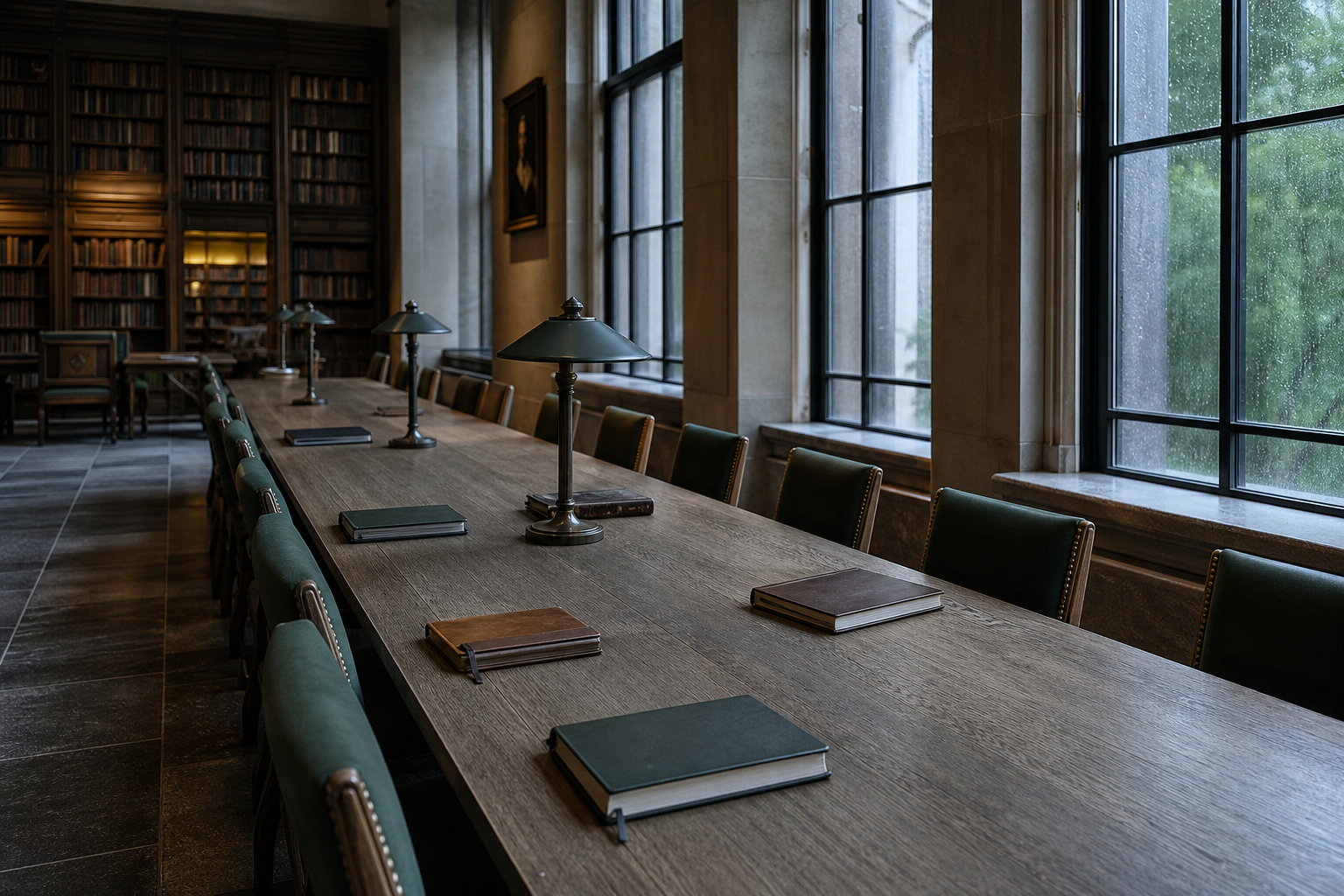 A long reading room with tall windows and forest-green chairs