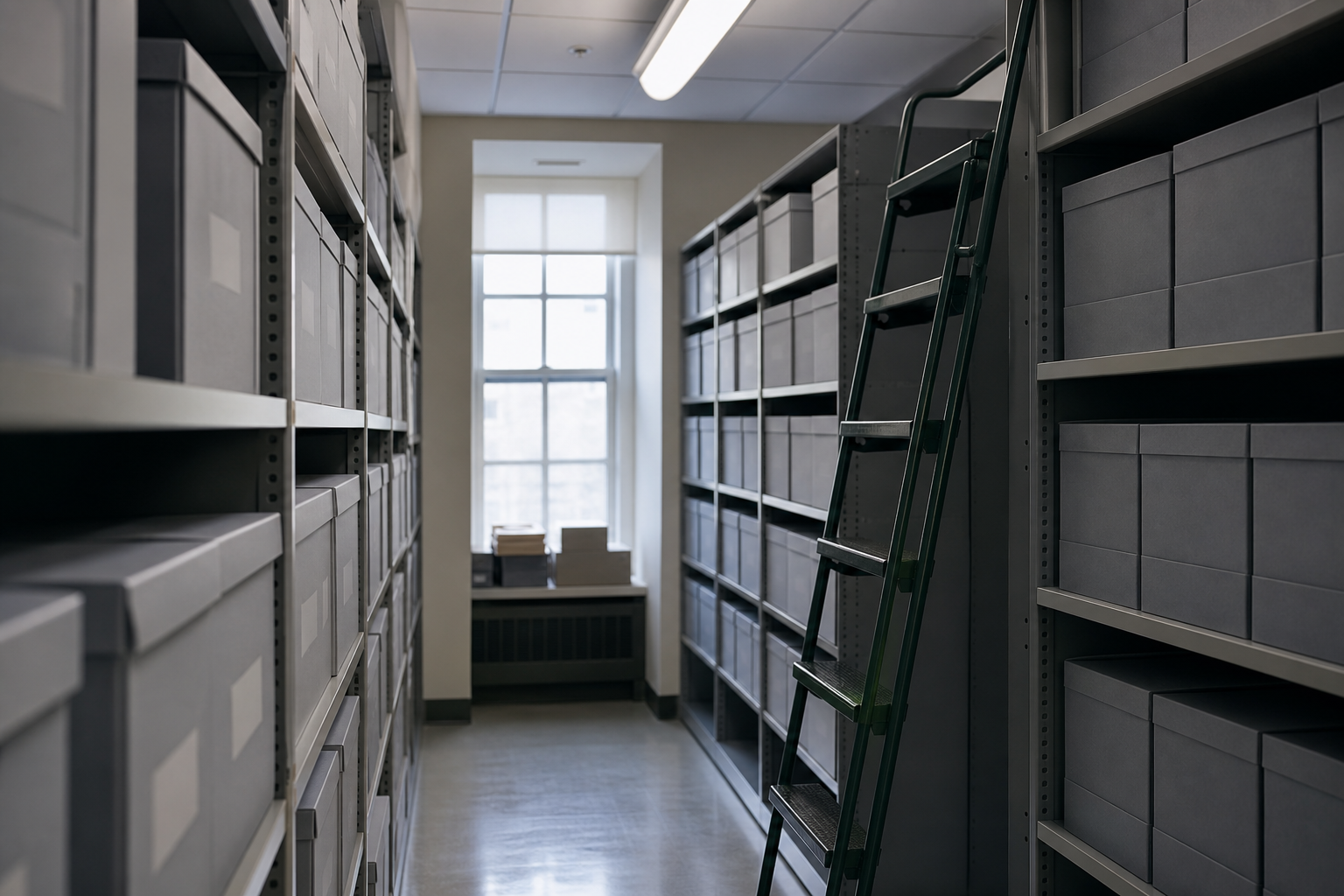 Grey archival boxes on metal shelves in cool institutional light