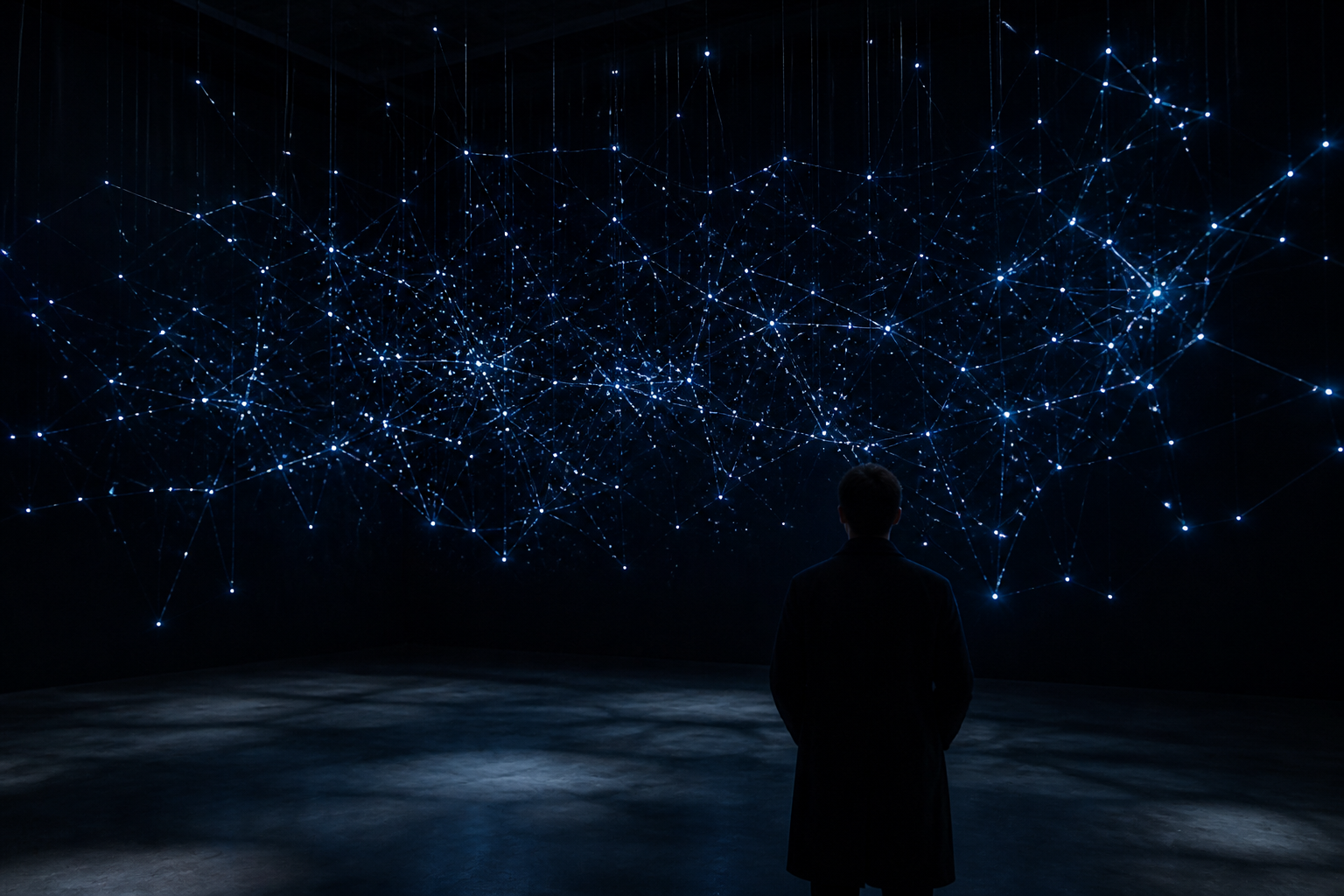 A figure facing a hanging map of cool blue points of light