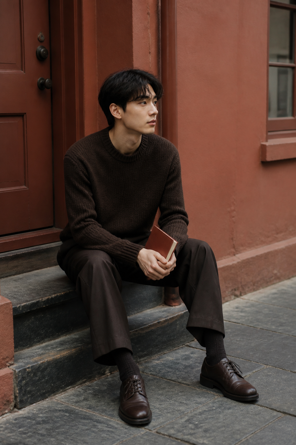 A man sitting on a slate stoop holding a rust cloth notebook