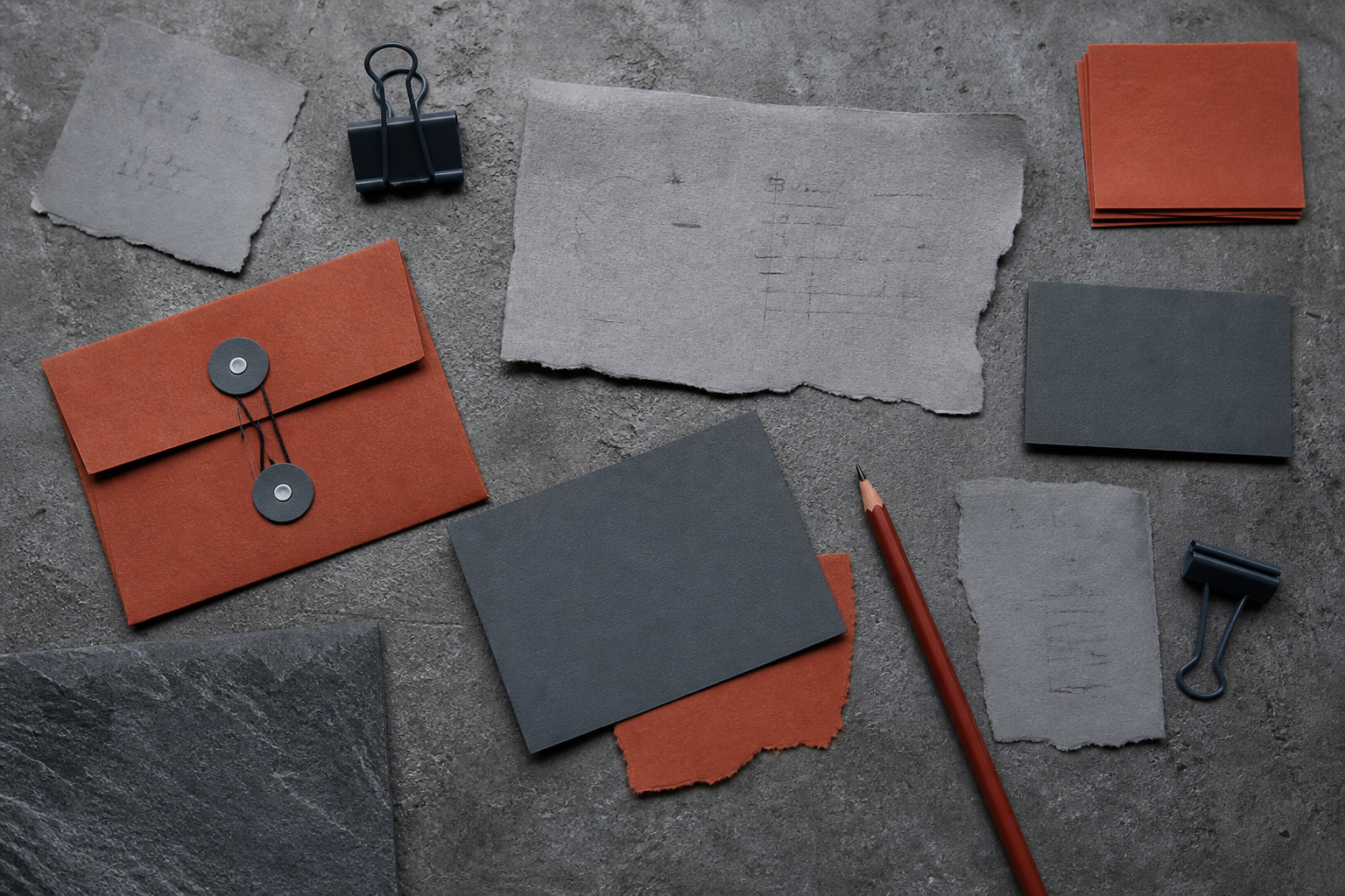 Torn grey paper, terracotta envelopes, and slate clips on concrete