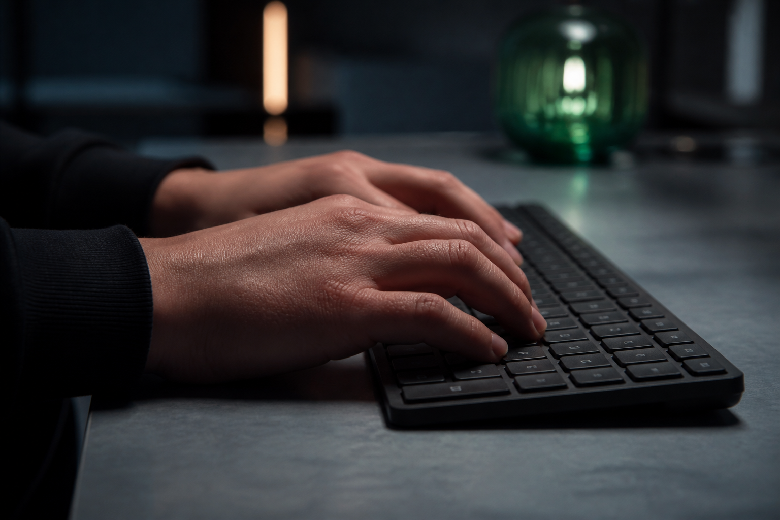 Hands typing on a dark keyboard at night