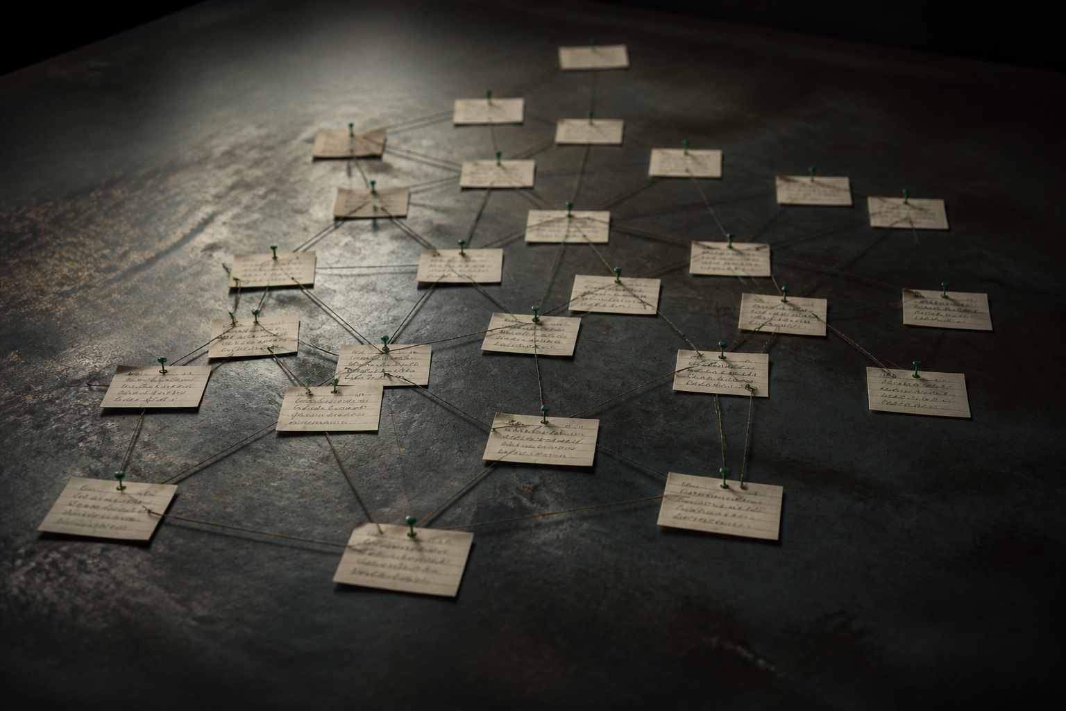 Index cards connected by taut black threads and emerald pins