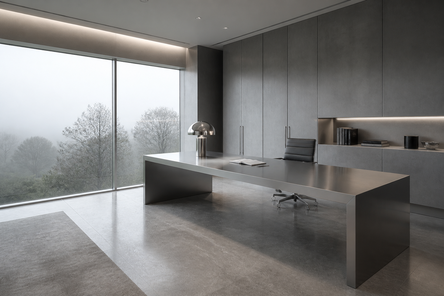 Minimal silver study with a long desk and fog outside the window