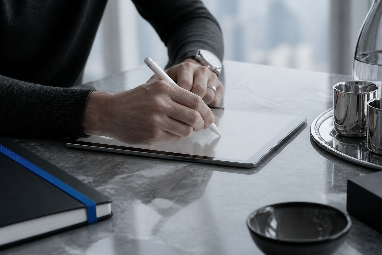 Hands writing on a pale tablet in cool daylight