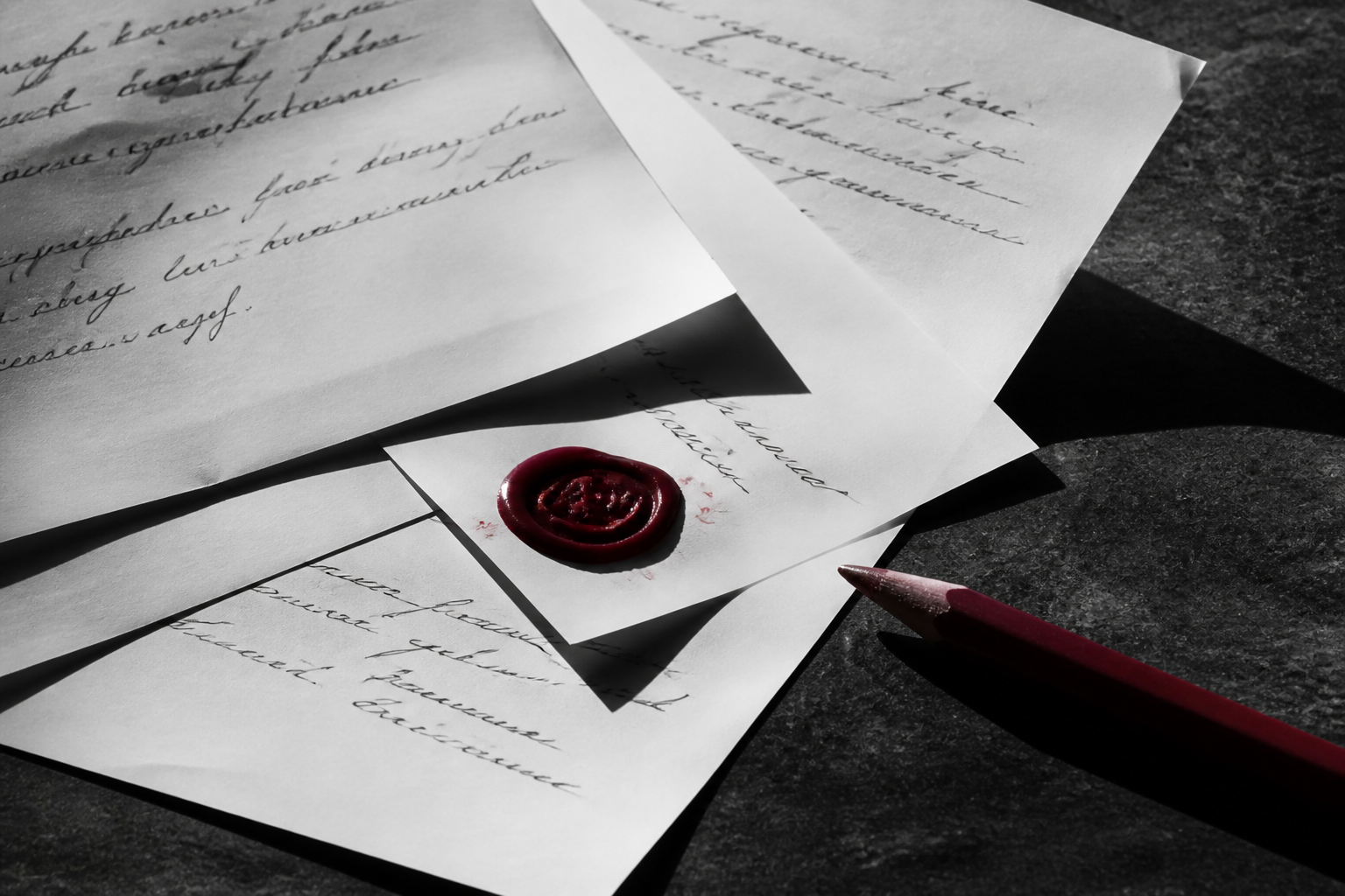Overlapping manuscript pages with a deep rose wax seal