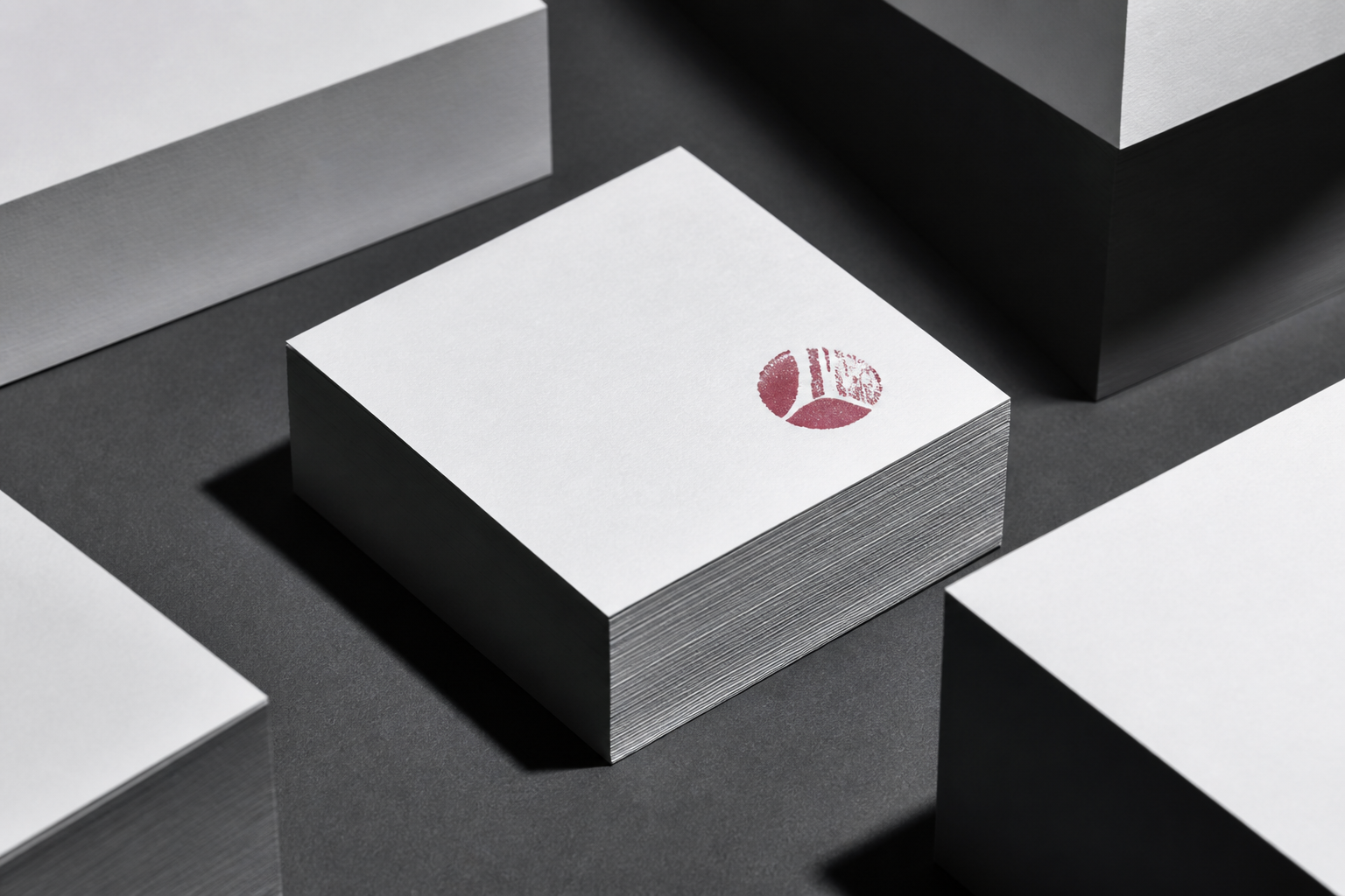 A geometric stack of white paper with a rose ink stamp