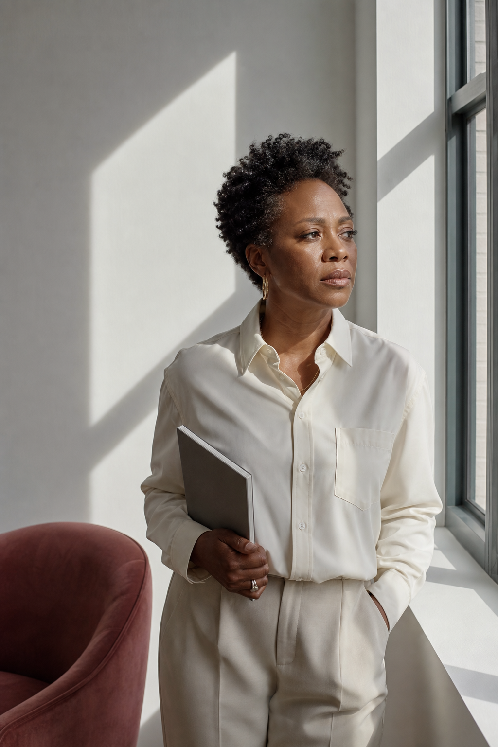 A writer standing beside a tall window with a thin notebook