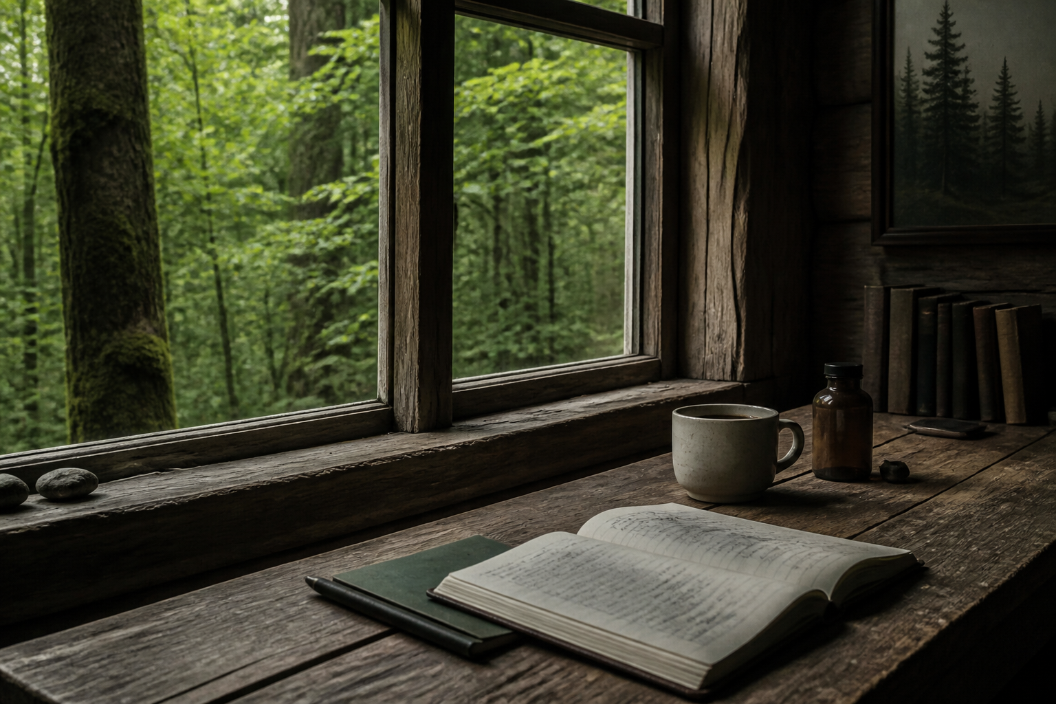 Cabin desk beside a forest window with an open notebook