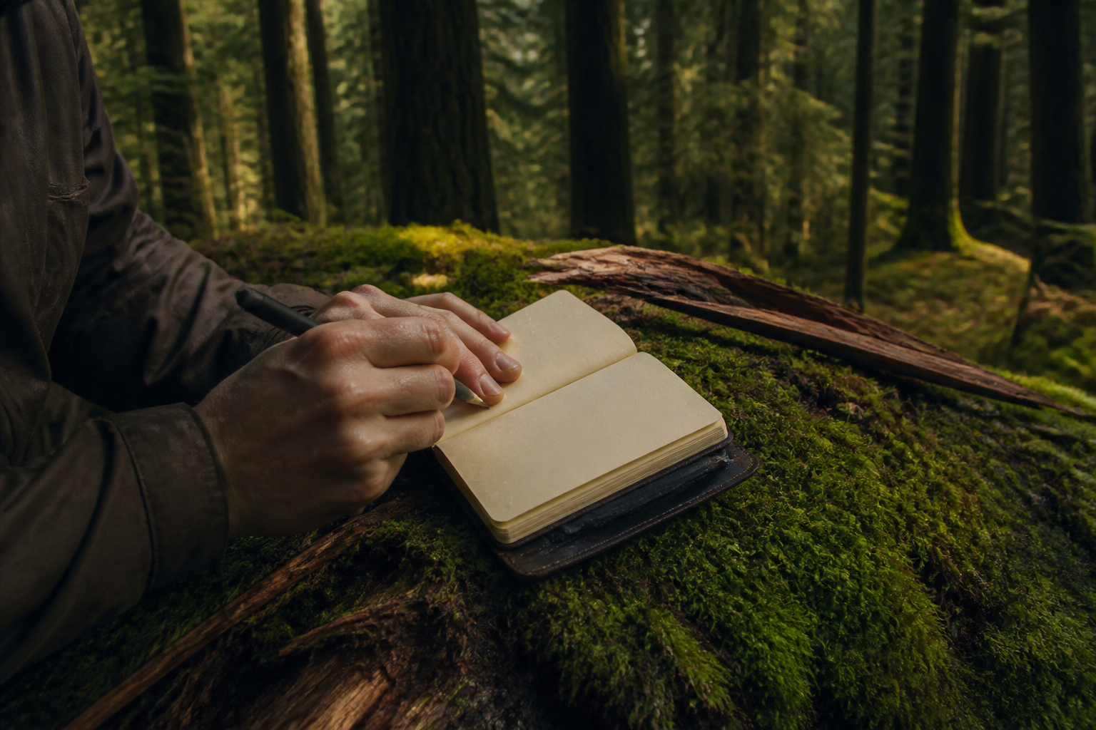 Hands writing in a field notebook on a mossy log