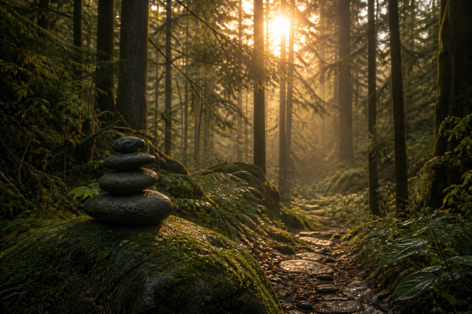A small stone cairn on a mossy forest trail in amber light