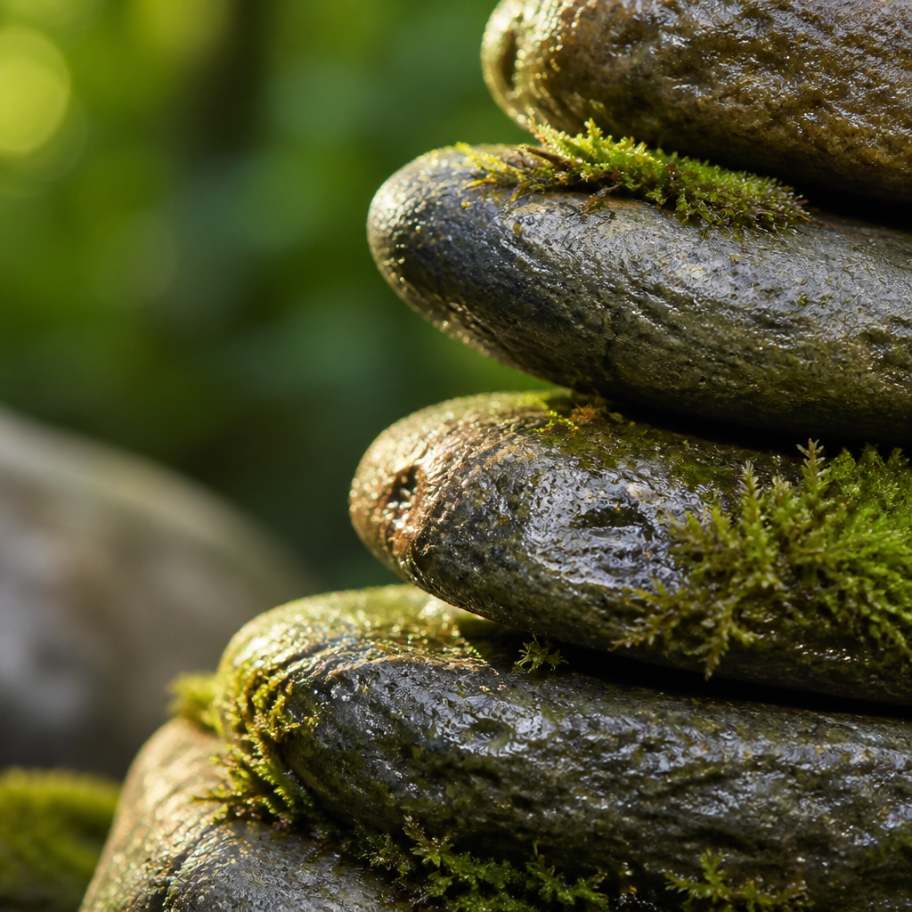 Close-up of wet river stones stacked as a cairn