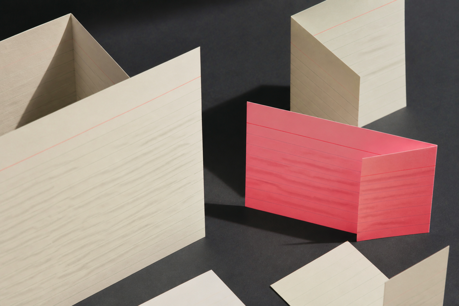 Paper cards spread on a studio floor