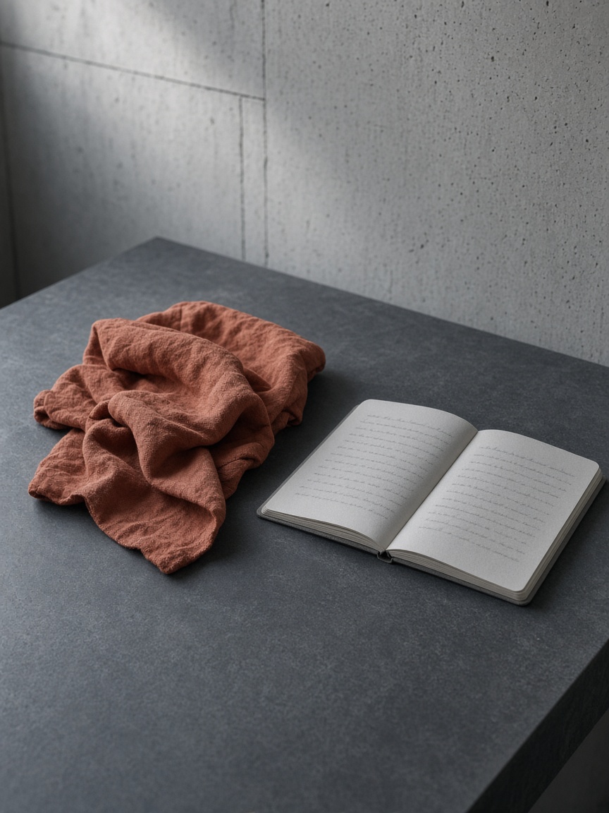 Grey notebook and rust cloth on a concrete table