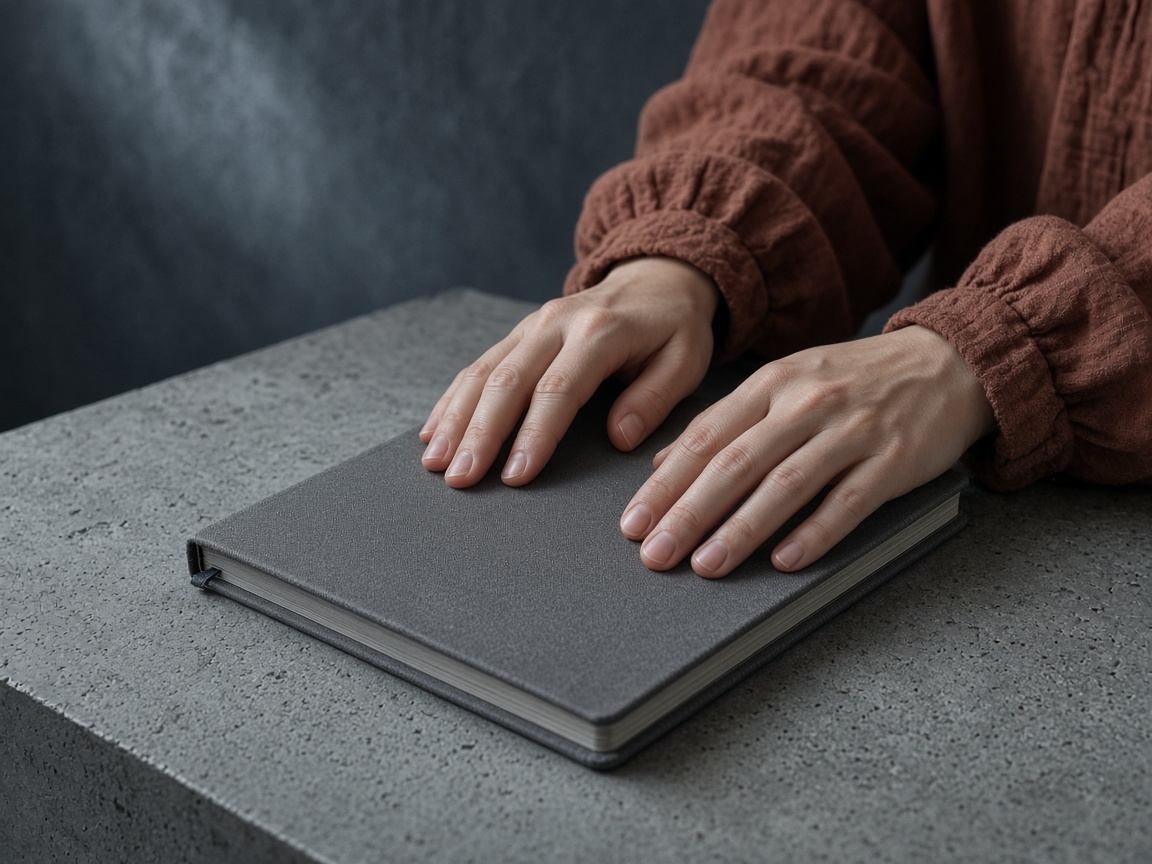 Hands closing a grey notebook on a concrete desk