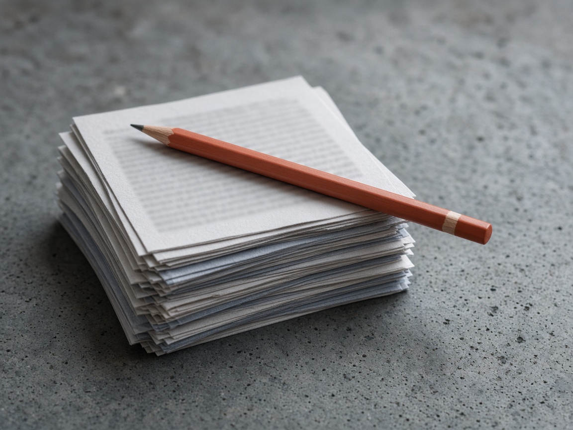 Printed pages with a rust pencil on a concrete surface