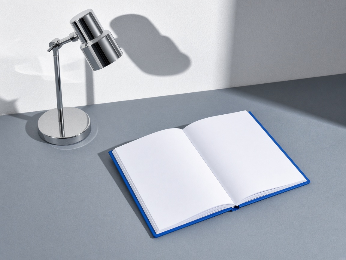 Open blue notebook and a chrome lamp on a grey desk