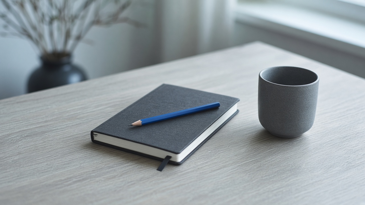 Closed charcoal notebook and a blue pencil on a grey desk