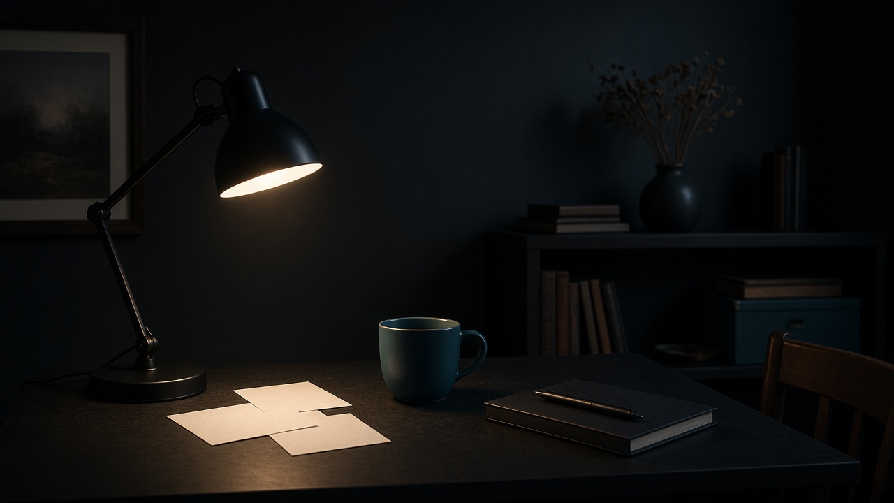 Desk lamp, index cards, and a teal cup in a dark study