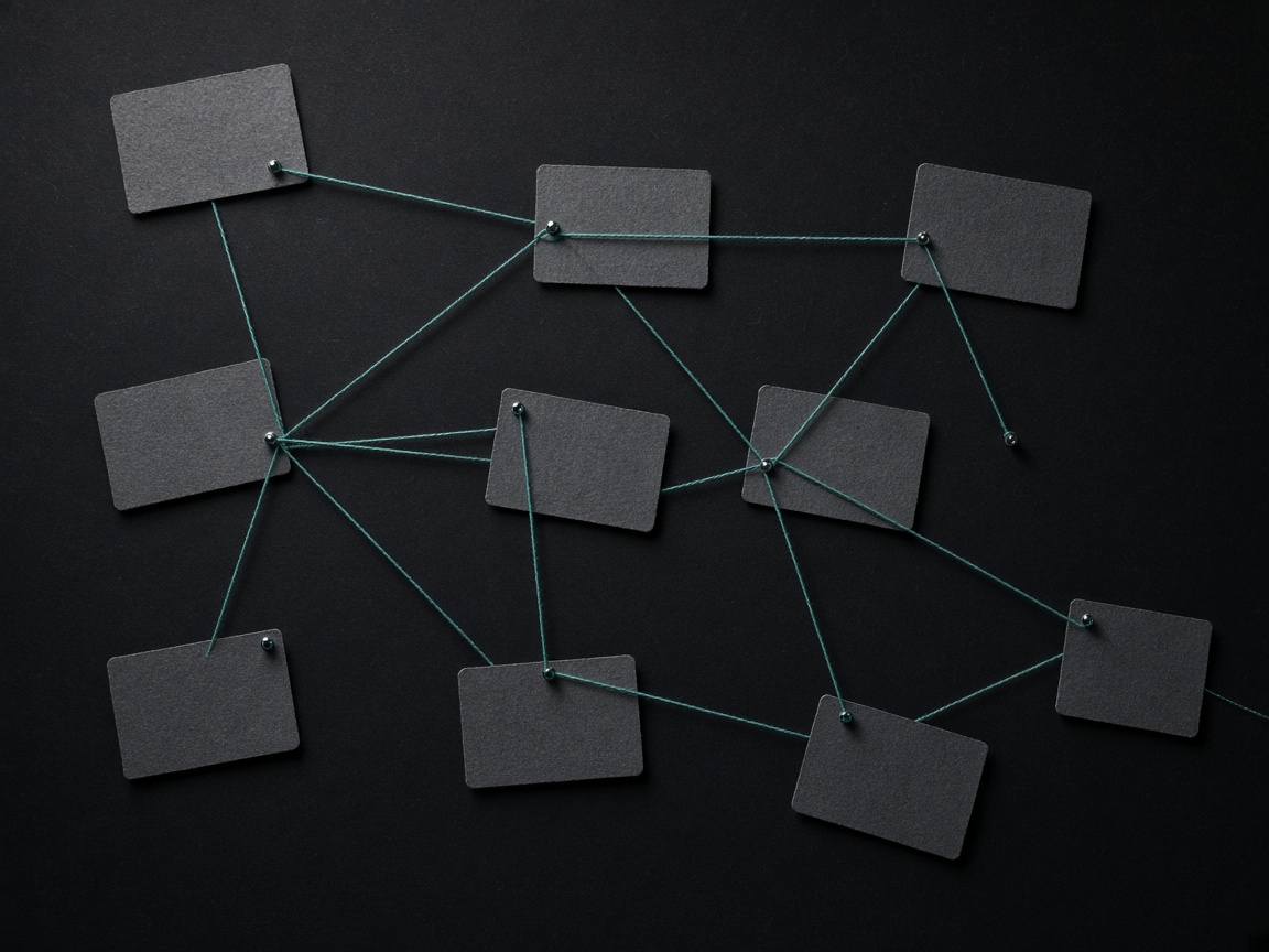 Index cards connected by teal thread on a black table