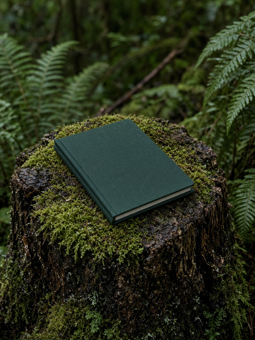 Green cloth notebook on a mossy stump