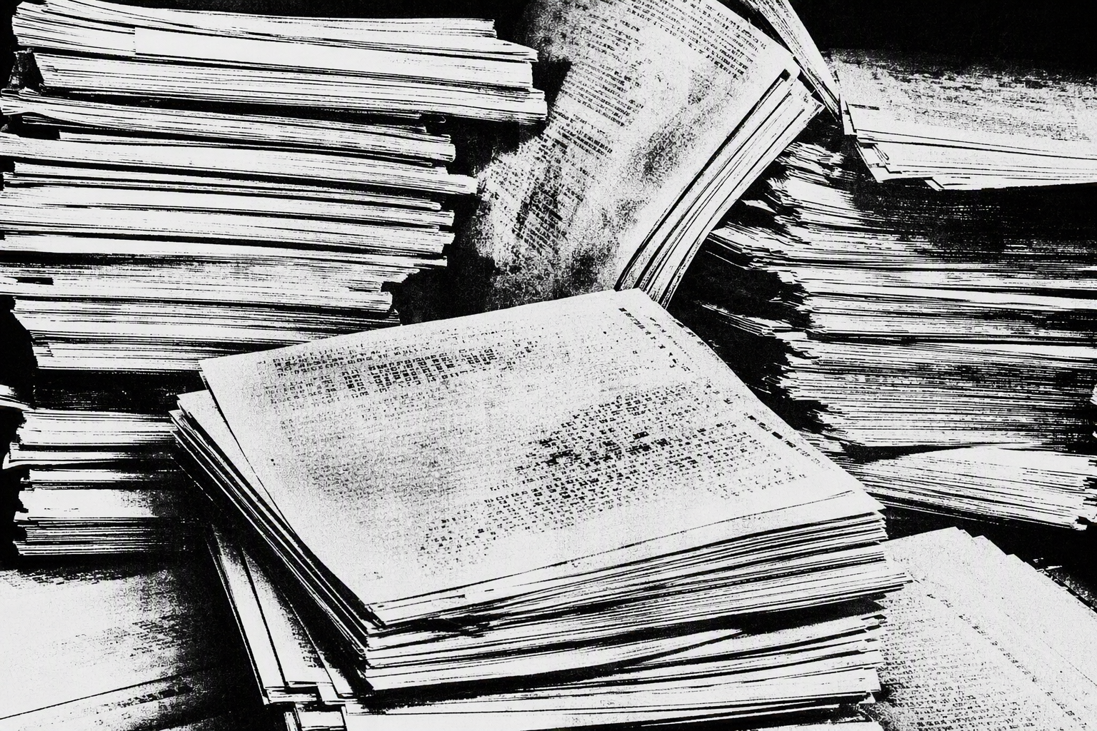 High-contrast photocopied stack of paper sheets