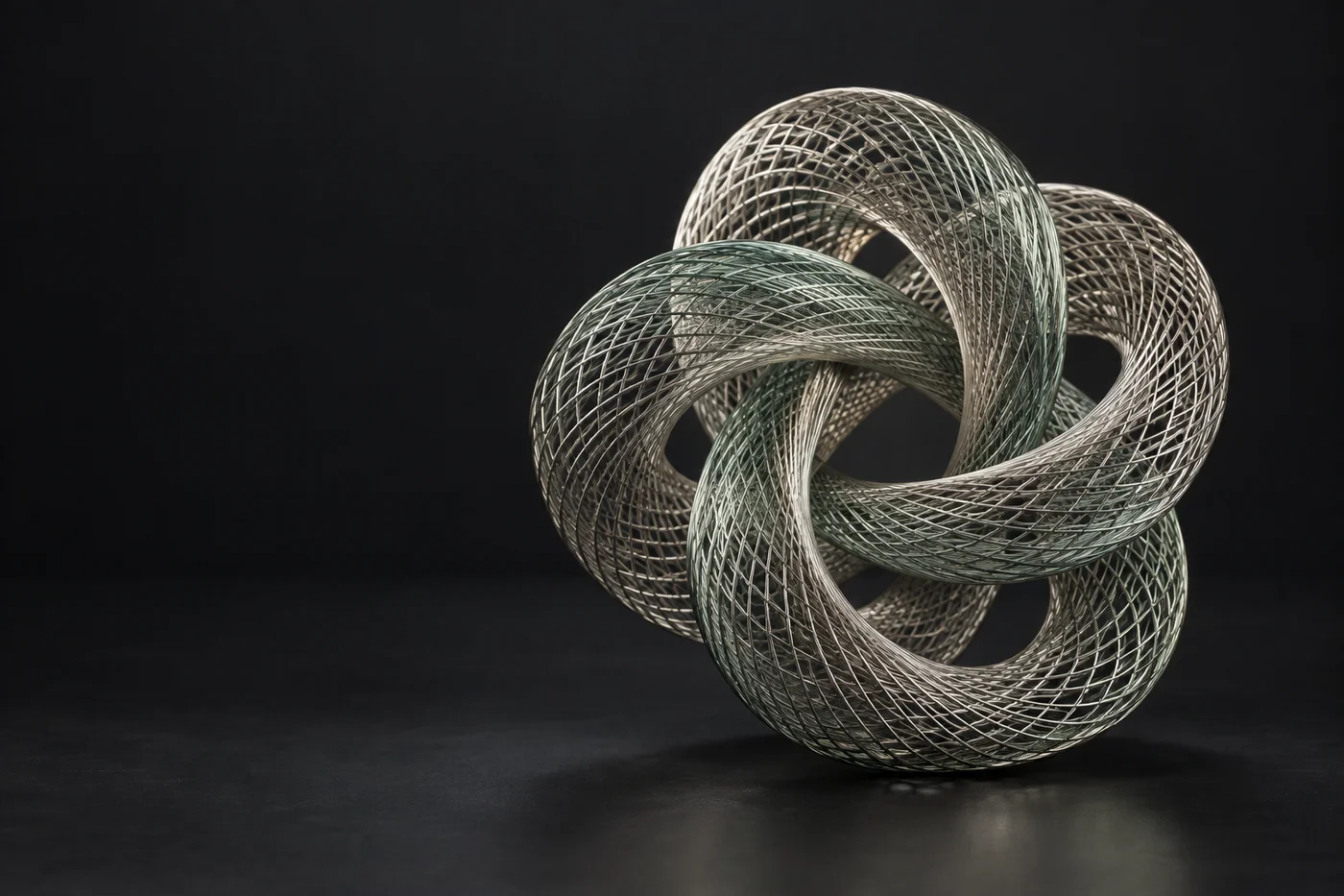 An intricate silver mesh sculpture, where many threads form one continuous knot