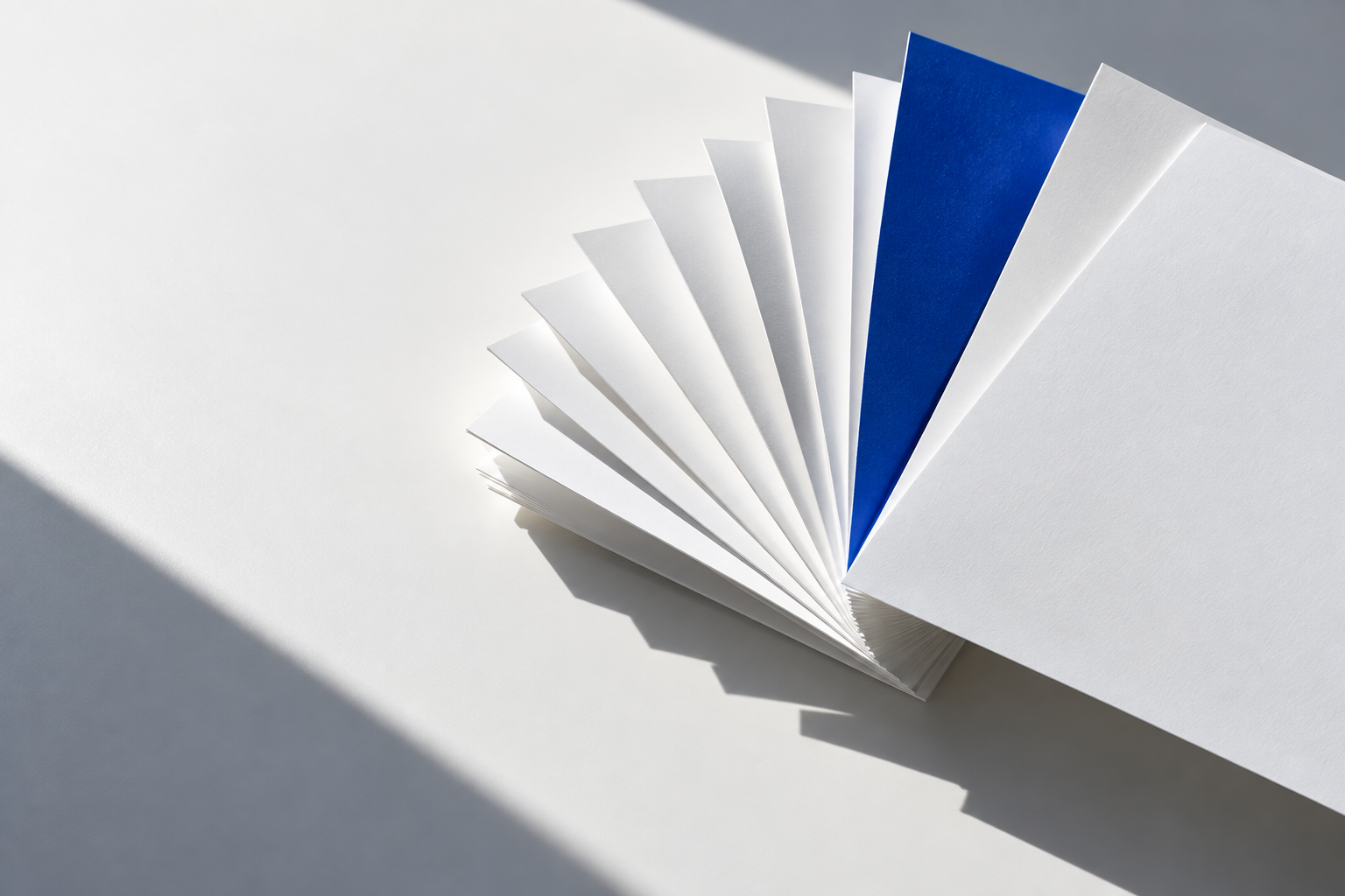 White papers fanned around one blue sheet