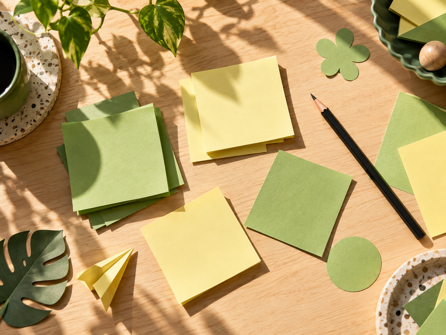 Blank green and yellow notes spread across a sunny desk