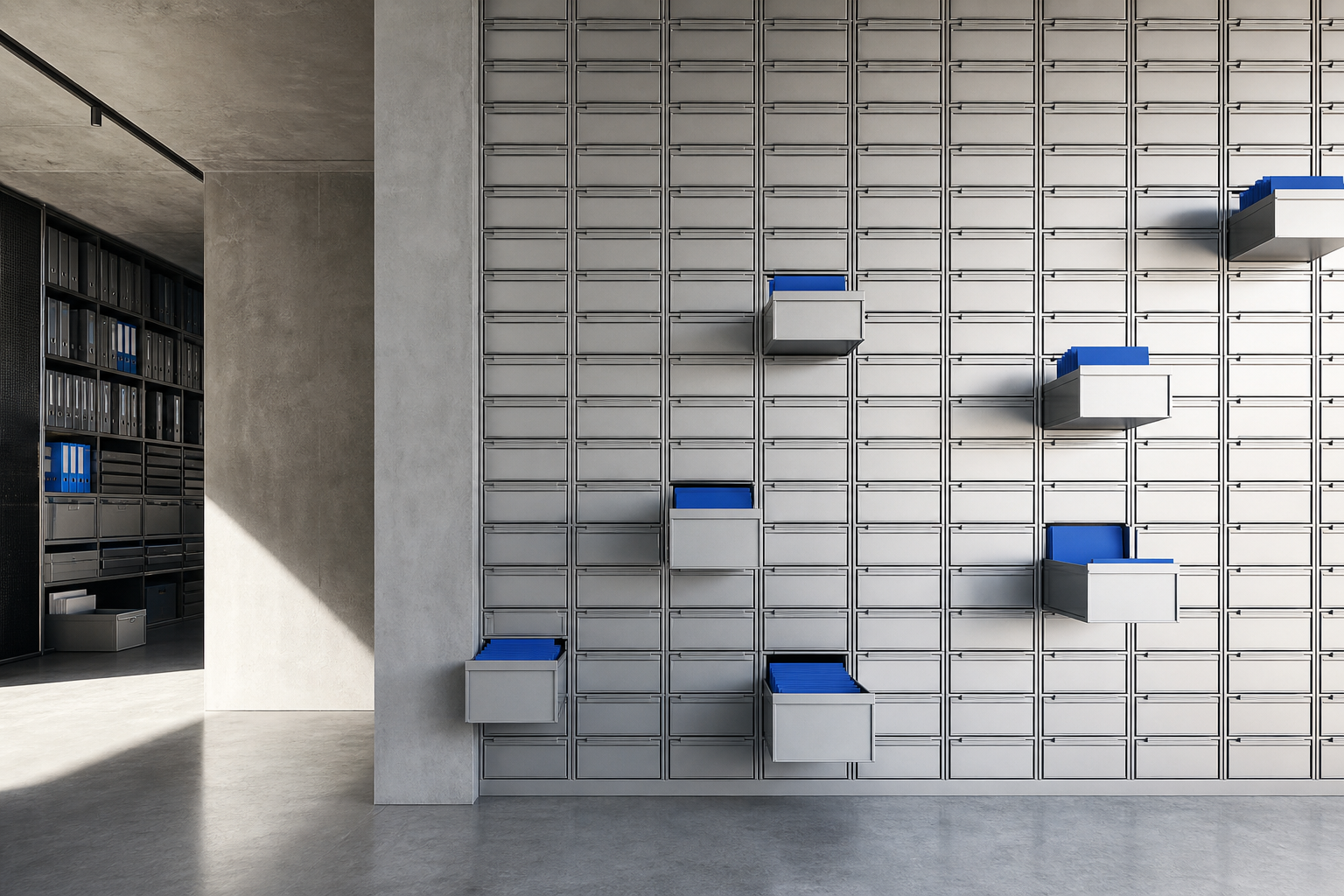 Modern wall of metal index drawers with cobalt folders