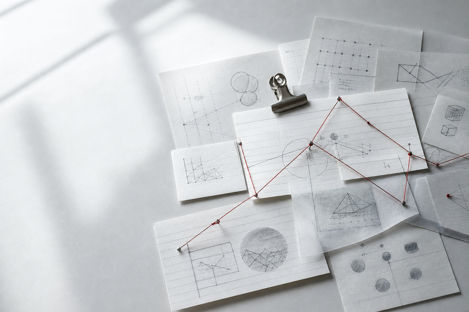 Paper diagrams joined with a red thread