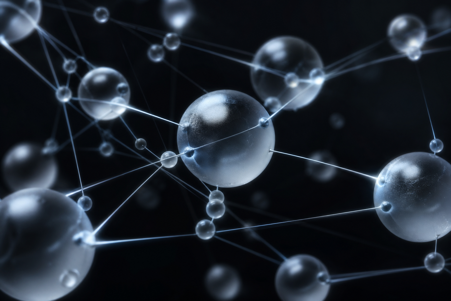 Translucent glass spheres connected by glowing threads, representing linked notes