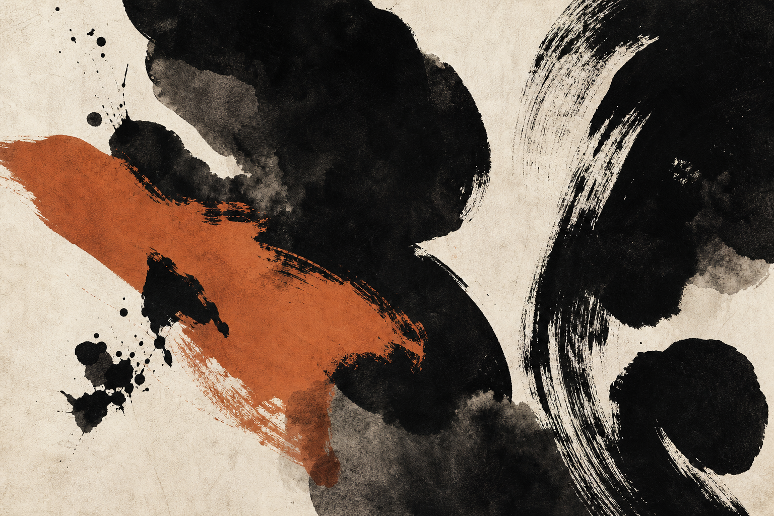 Abstract ink brushstrokes in black and burnt terracotta, evoking thoughts taking shape