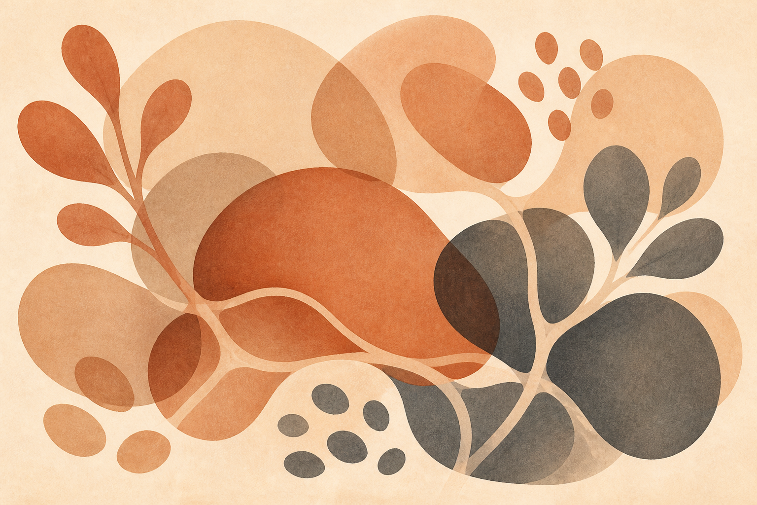 Warm abstract artwork of overlapping organic shapes in terracotta and slate, like roots taking hold